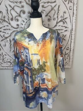 Alfred Dunner Multicolor Watercolor V-Neck Tunic with Stud Accents